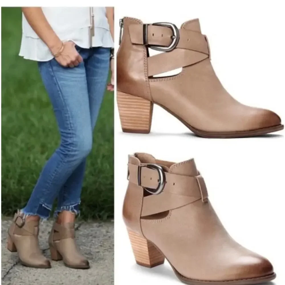 Vionic 'Rory' Women's 6 Taupe Leather Ankle Bootie Buckle Detail Almond Toe